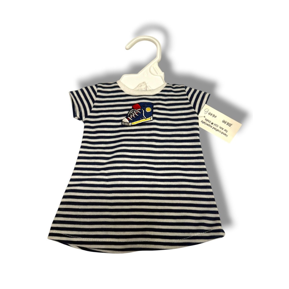 Dollworks Navy White Striped Sneaker Applique Dress for 18" American Girl Dolls